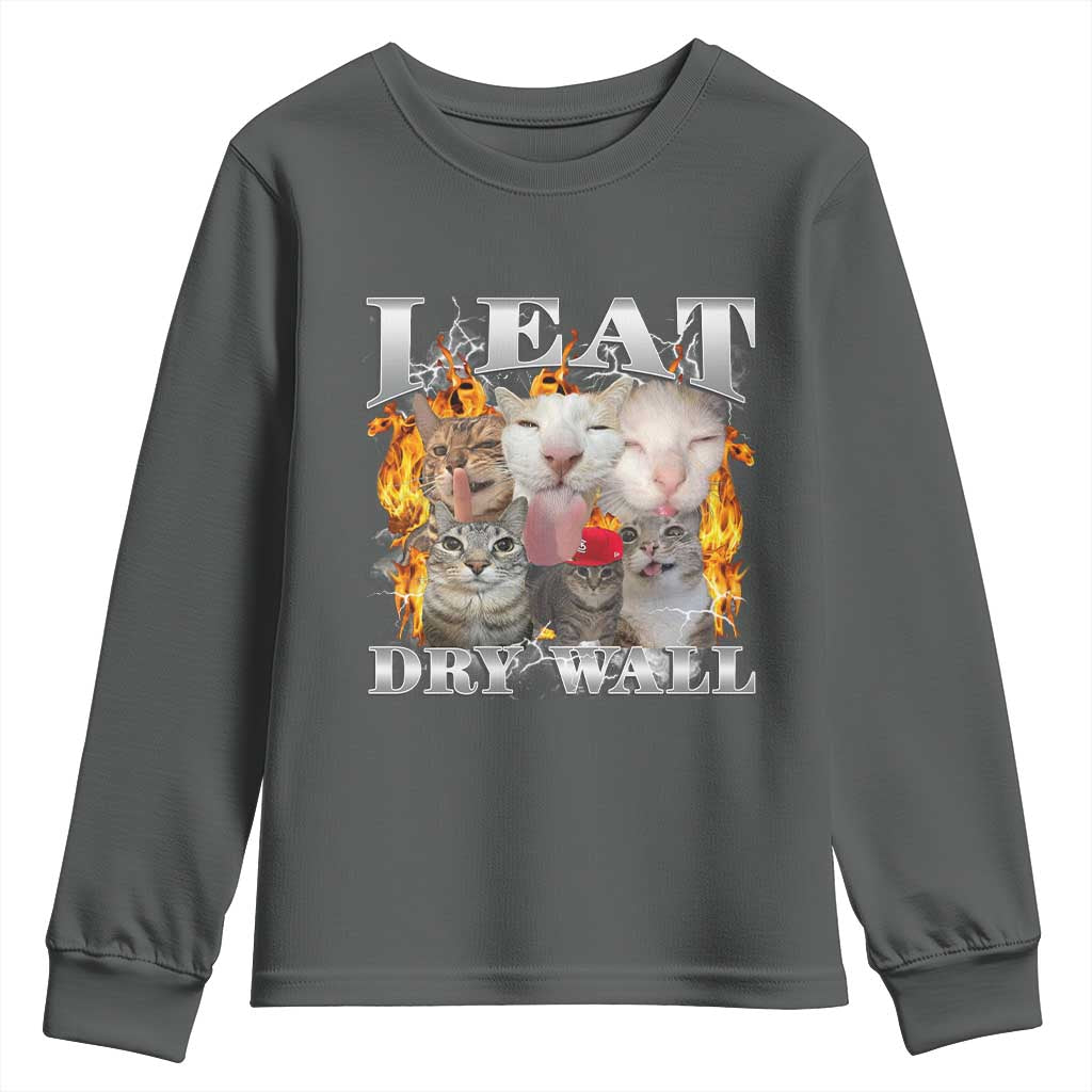 Funny Cat Meme Bootleg Graphic Youth Sweatshirt I Eat Drywall Funny Weird Cursed Internet Memes