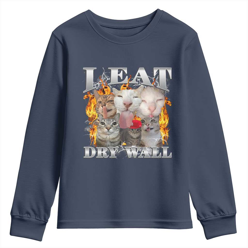 Funny Cat Meme Bootleg Graphic Youth Sweatshirt I Eat Drywall Funny Weird Cursed Internet Memes