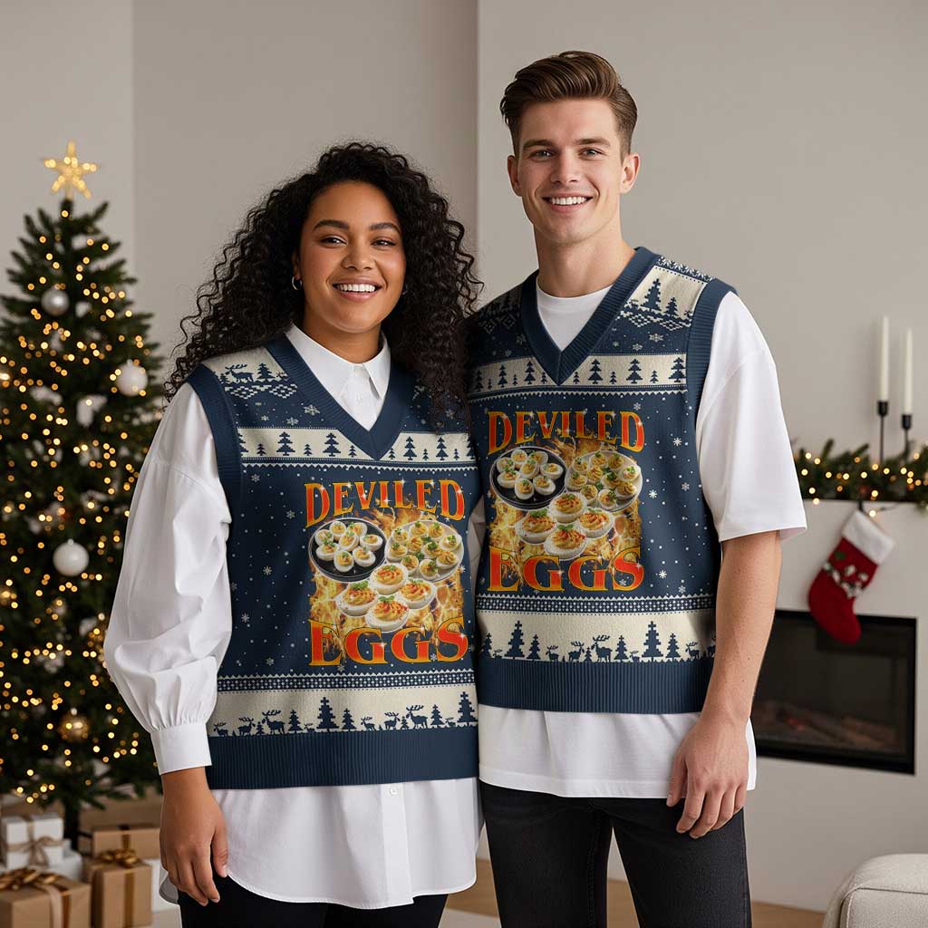 Deviled Eggs V-Neck Knit Sweater Vest Vintage 90s Thanksgiving Funny Foodie Bootleg Graphic