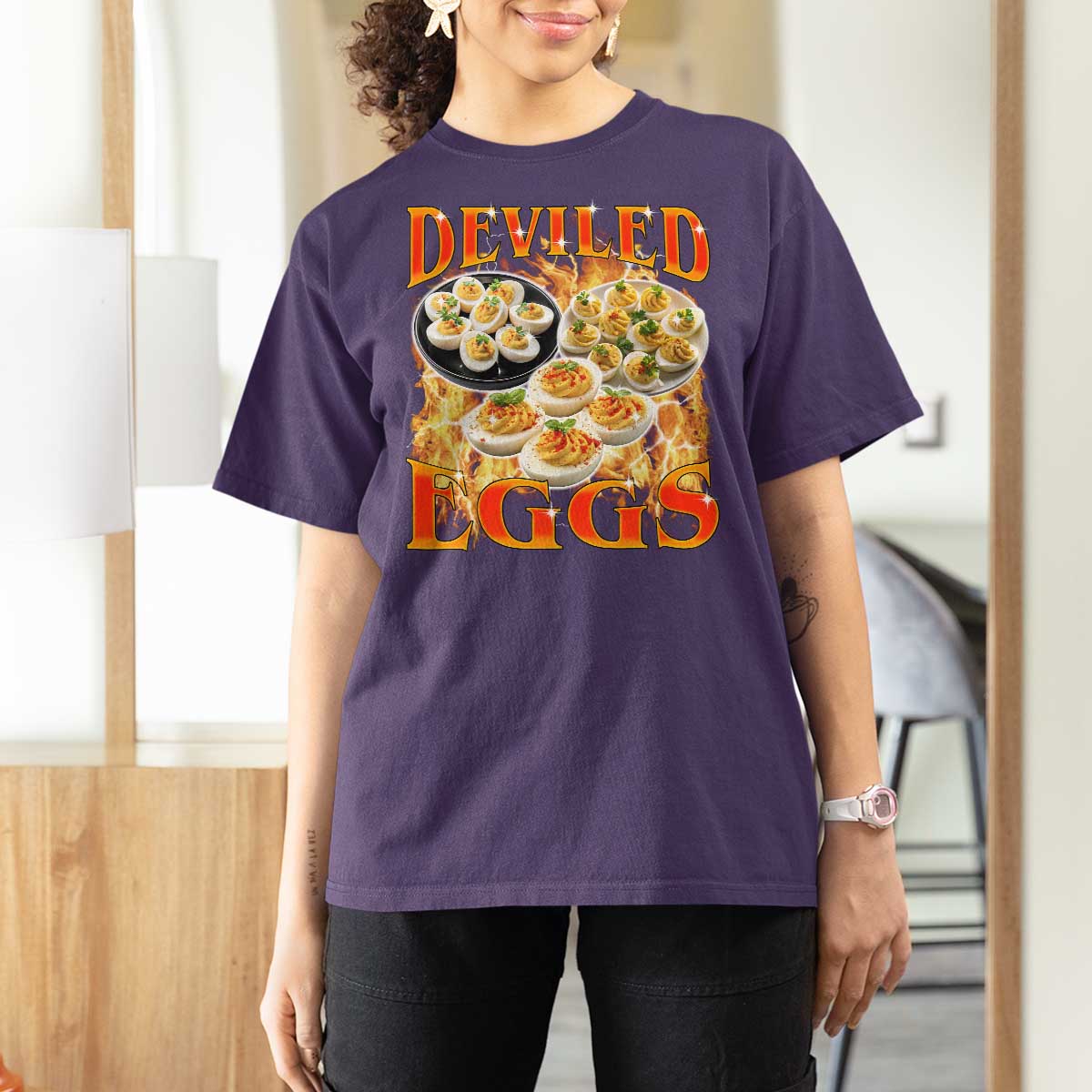 Deviled Eggs T Shirt For Women Vintage 90s Thanksgiving Funny Foodie Bootleg Graphic