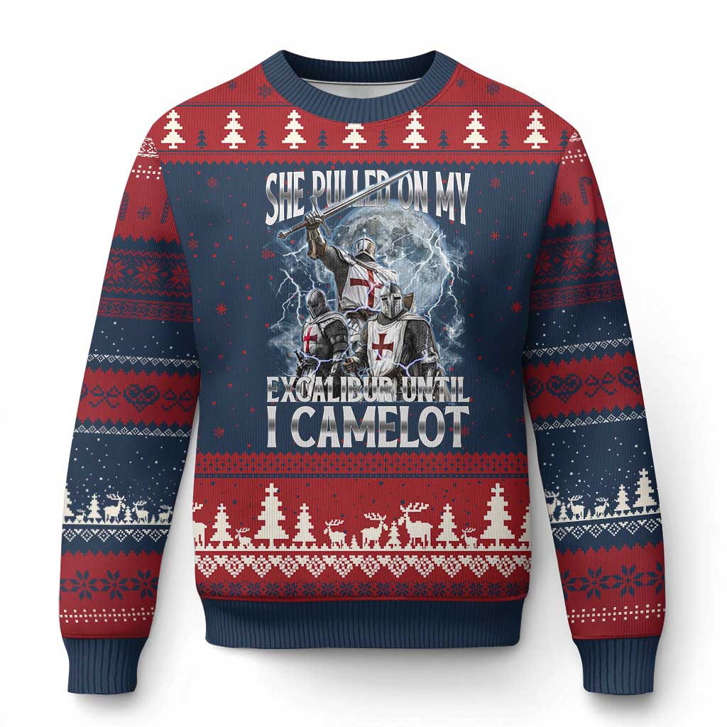 Funny Offensive Knight Meme Ugly Christmas Sweater She Pulled On My Excalibur Bootleg - Wonder Print Shop