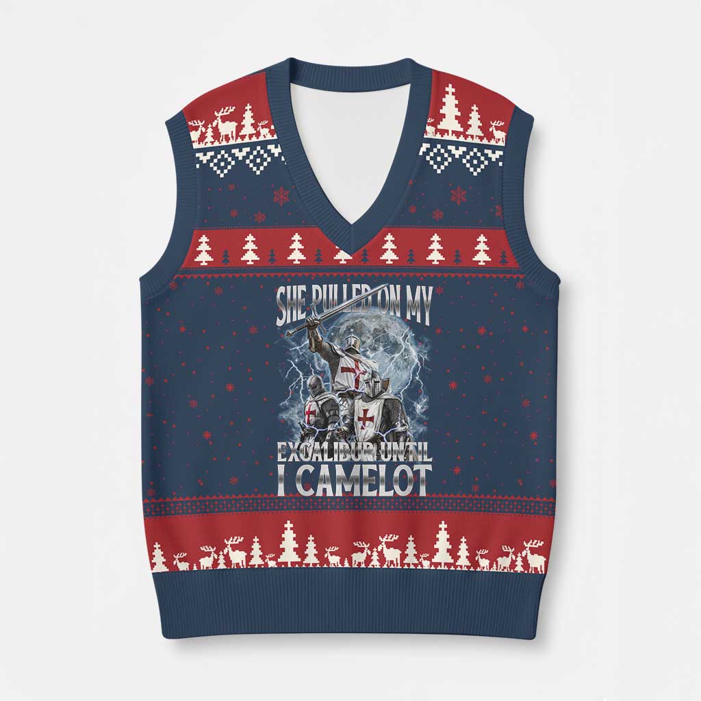 Funny Offensive Knight Meme V-Neck Knit Sweater Vest She Pulled On My Excalibur Bootleg - Wonder Print Shop