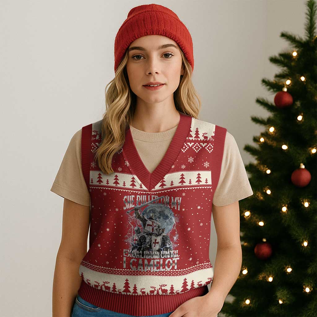 Funny Offensive Knight Meme V-Neck Knit Sweater Vest She Pulled On My Excalibur Bootleg - Wonder Print Shop