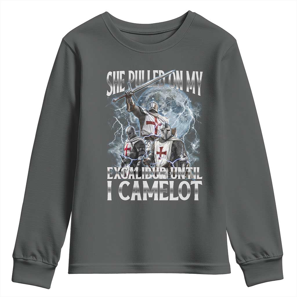 Funny Offensive Knight Meme Youth Sweatshirt She Pulled On My Excalibur Bootleg - Wonder Print Shop