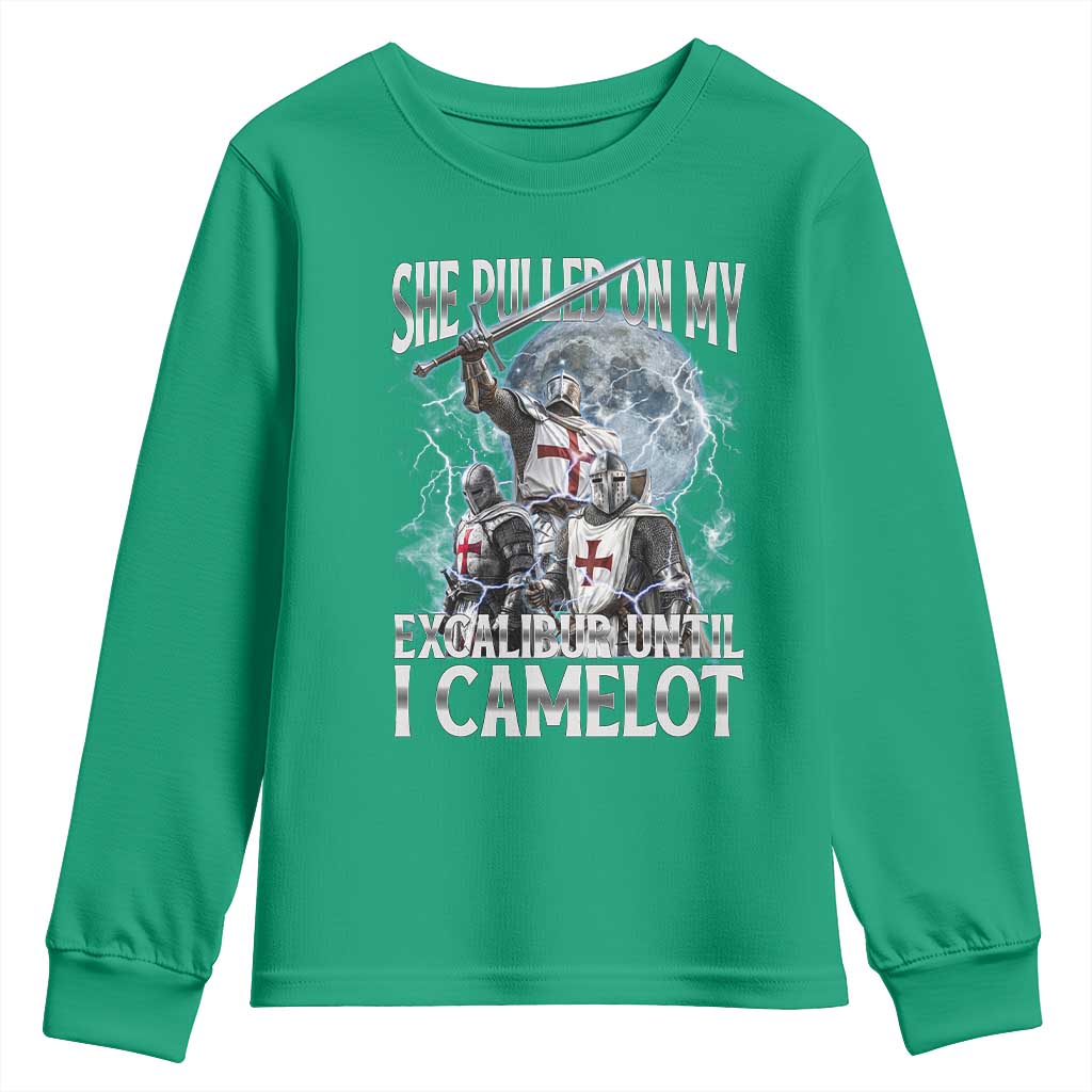 Funny Offensive Knight Meme Youth Sweatshirt She Pulled On My Excalibur Bootleg - Wonder Print Shop
