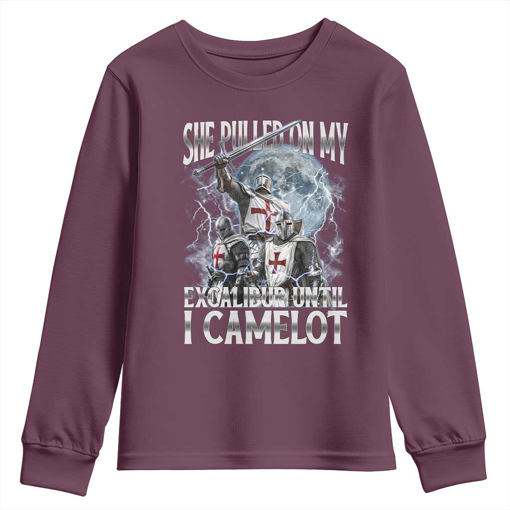 Funny Offensive Knight Meme Youth Sweatshirt She Pulled On My Excalibur Bootleg - Wonder Print Shop