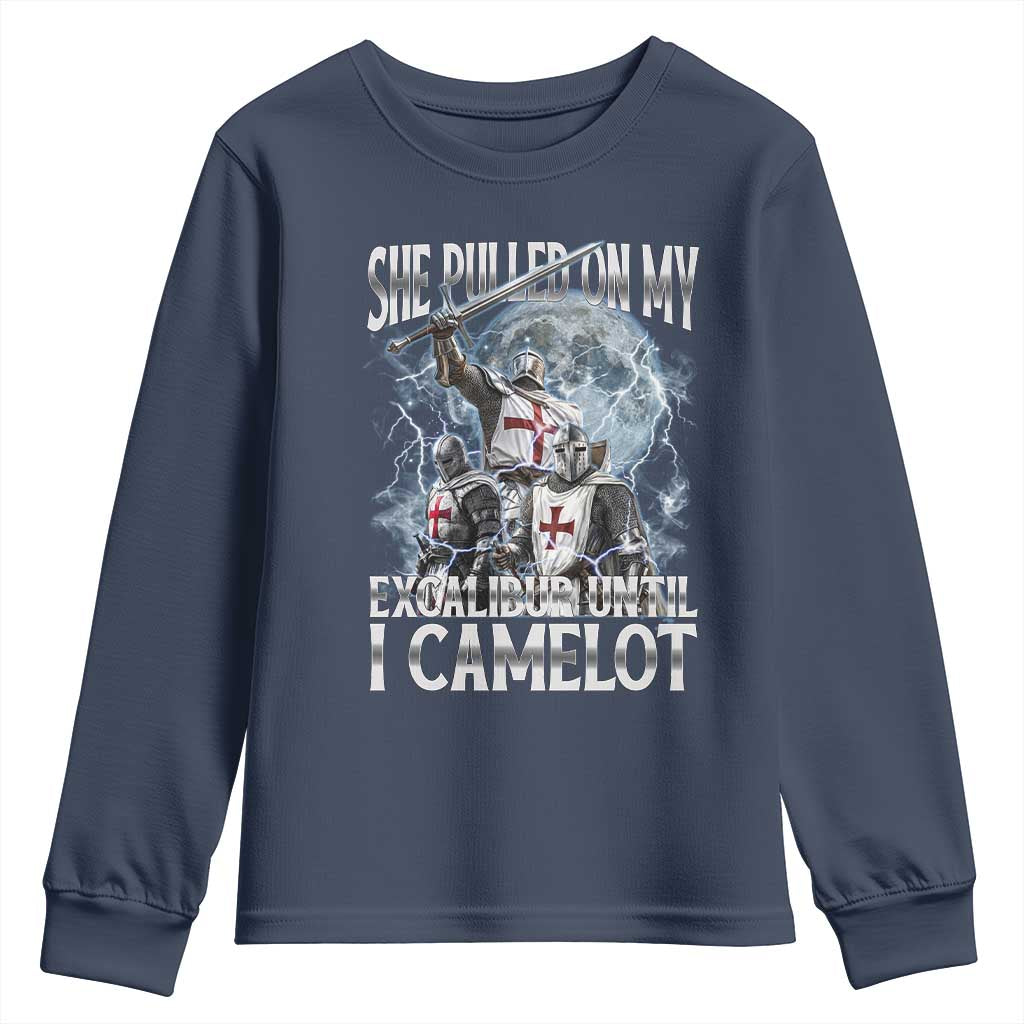 Funny Offensive Knight Meme Youth Sweatshirt She Pulled On My Excalibur Bootleg - Wonder Print Shop
