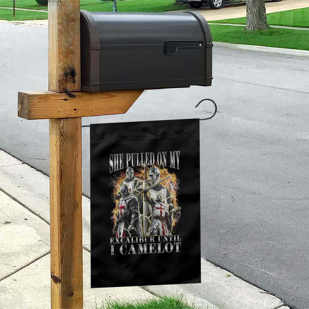 Funny Knight Meme Garden Flag She Pulled On My Excalibur Offensive Medieval Warrior Bootleg - Wonder Print Shop