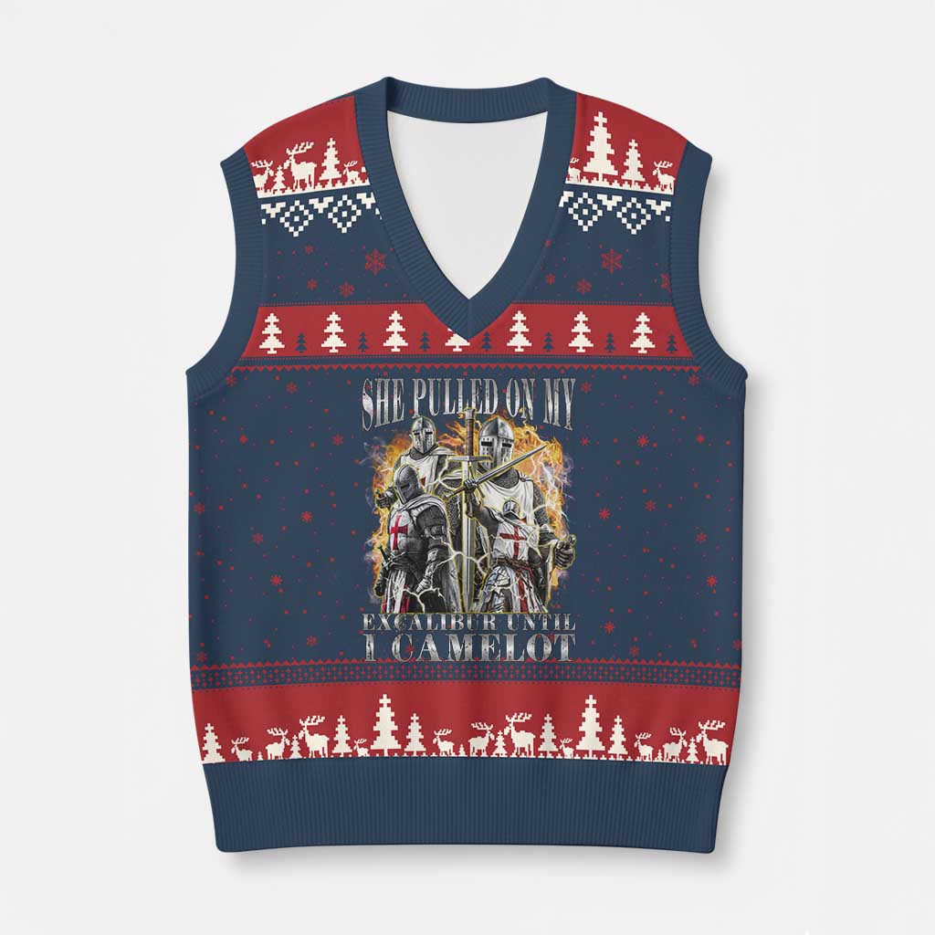 Funny Knight Meme V-Neck Knit Sweater Vest She Pulled On My Excalibur Offensive Medieval Warrior Bootleg - Wonder Print Shop