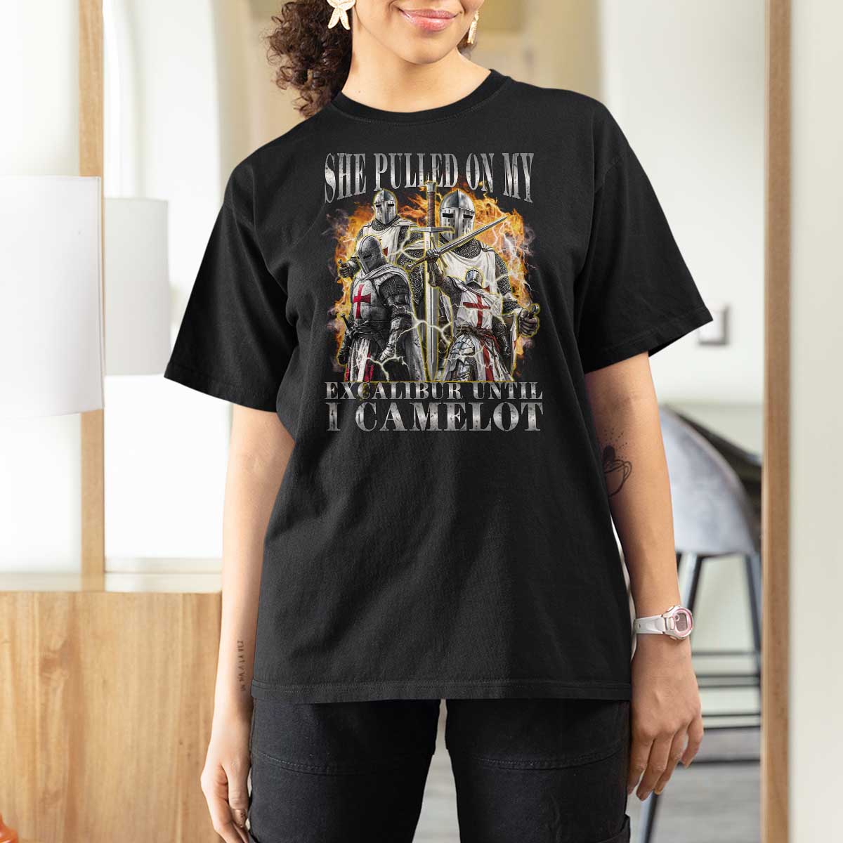 Funny Knight Meme T Shirt For Women She Pulled On My Excalibur Offensive Medieval Warrior Bootleg - Wonder Print Shop