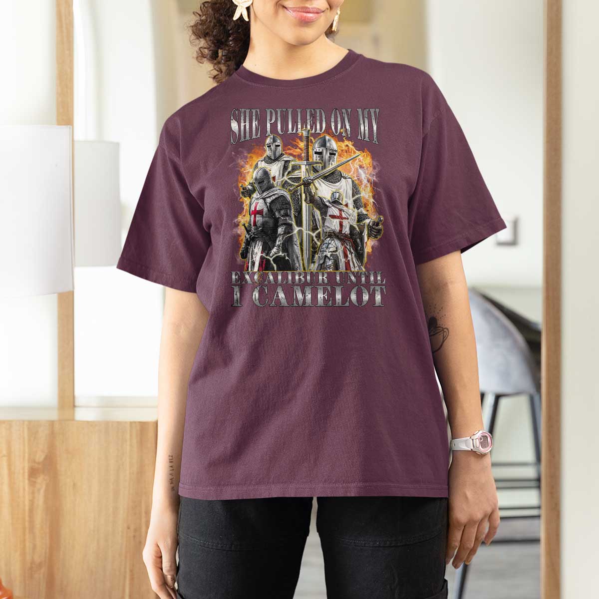 Funny Knight Meme T Shirt For Women She Pulled On My Excalibur Offensive Medieval Warrior Bootleg - Wonder Print Shop