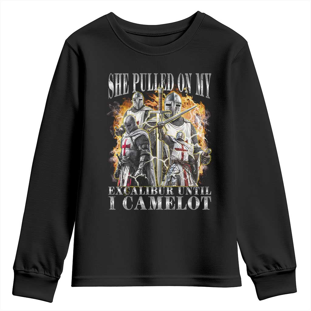 Funny Knight Meme Youth Sweatshirt She Pulled On My Excalibur Offensive Medieval Warrior Bootleg - Wonder Print Shop