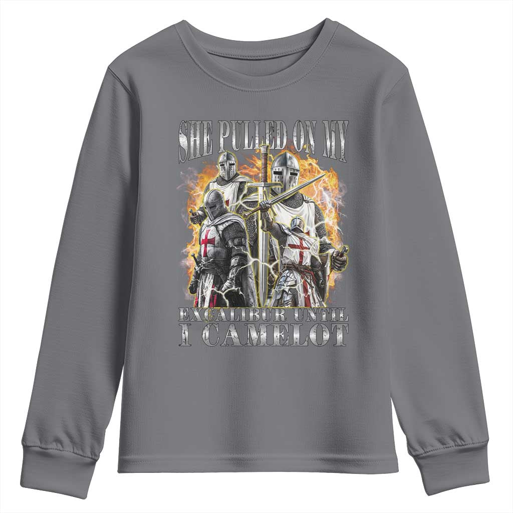 Funny Knight Meme Youth Sweatshirt She Pulled On My Excalibur Offensive Medieval Warrior Bootleg - Wonder Print Shop