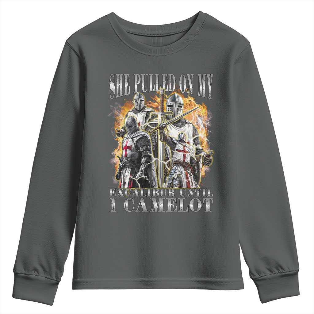 Funny Knight Meme Youth Sweatshirt She Pulled On My Excalibur Offensive Medieval Warrior Bootleg - Wonder Print Shop