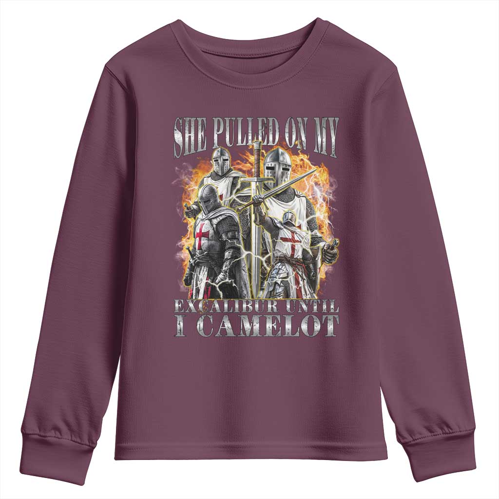 Funny Knight Meme Youth Sweatshirt She Pulled On My Excalibur Offensive Medieval Warrior Bootleg - Wonder Print Shop