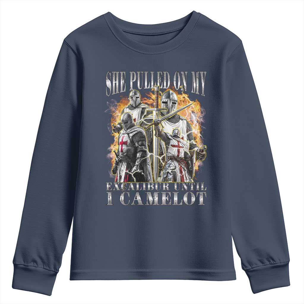 Funny Knight Meme Youth Sweatshirt She Pulled On My Excalibur Offensive Medieval Warrior Bootleg - Wonder Print Shop