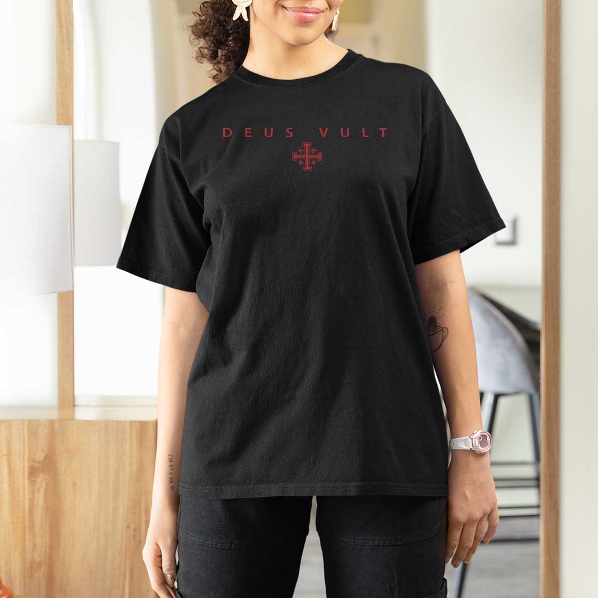 Catholic Knight Templar Crusader Cross T Shirt For Women Subtle Minimal Christian Faith Deus Vult - Wonder Print Shop