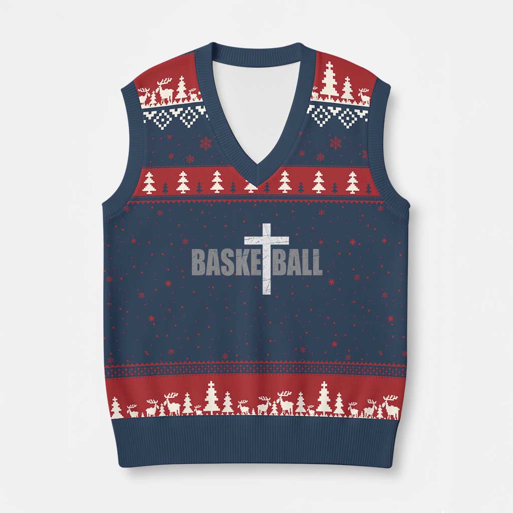 Christian Basketball Cross V-Neck Knit Sweater Vest Vintage Minimal Religious Faith