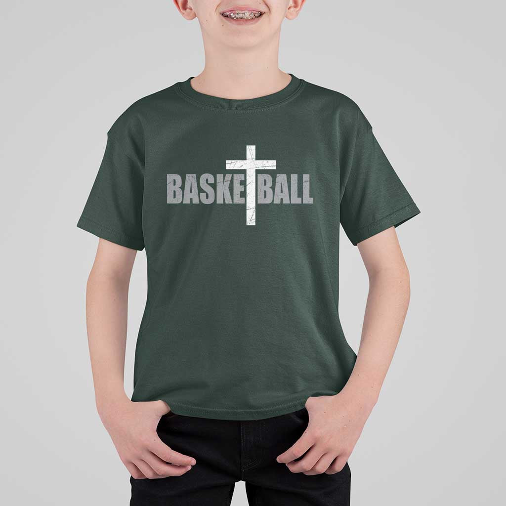 Christian Basketball Cross T Shirt For Kid Vintage Minimal Religious Faith