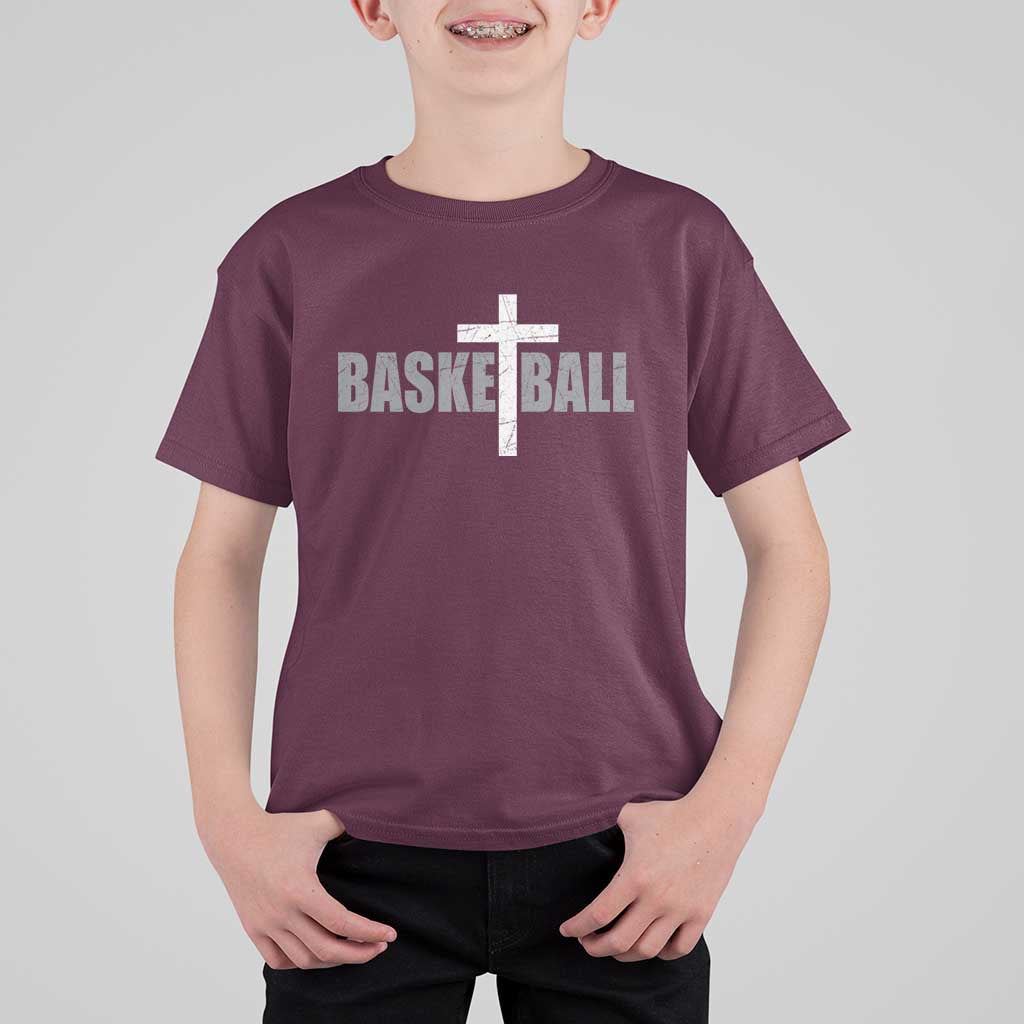 Christian Basketball Cross T Shirt For Kid Vintage Minimal Religious Faith