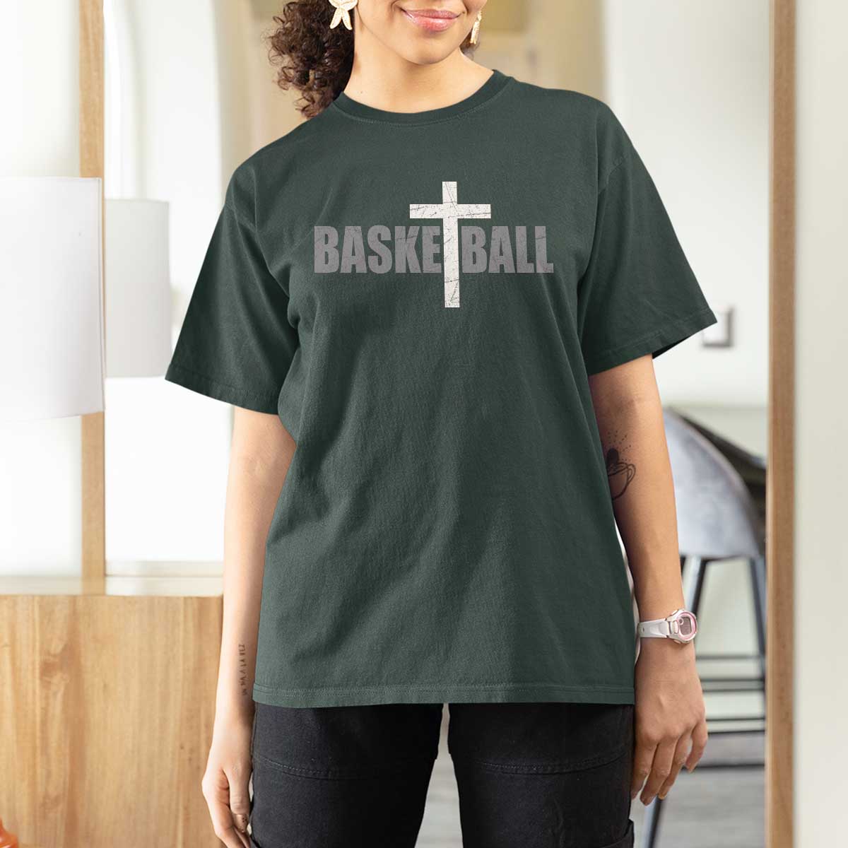 Christian Basketball Cross T Shirt For Women Vintage Minimal Religious Faith