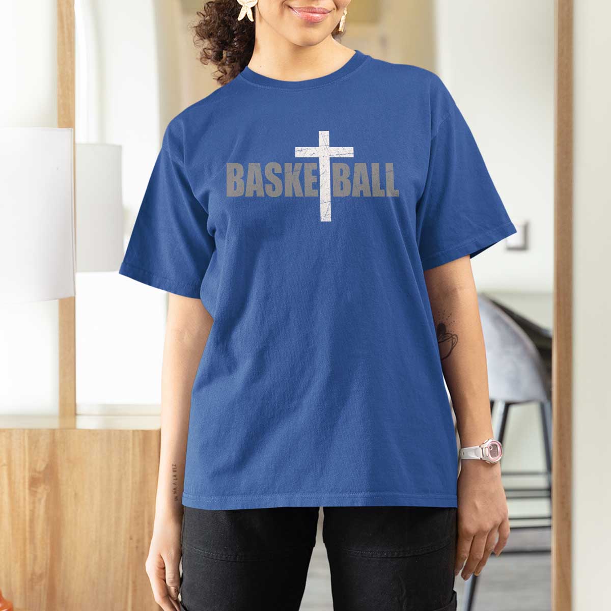 Christian Basketball Cross T Shirt For Women Vintage Minimal Religious Faith