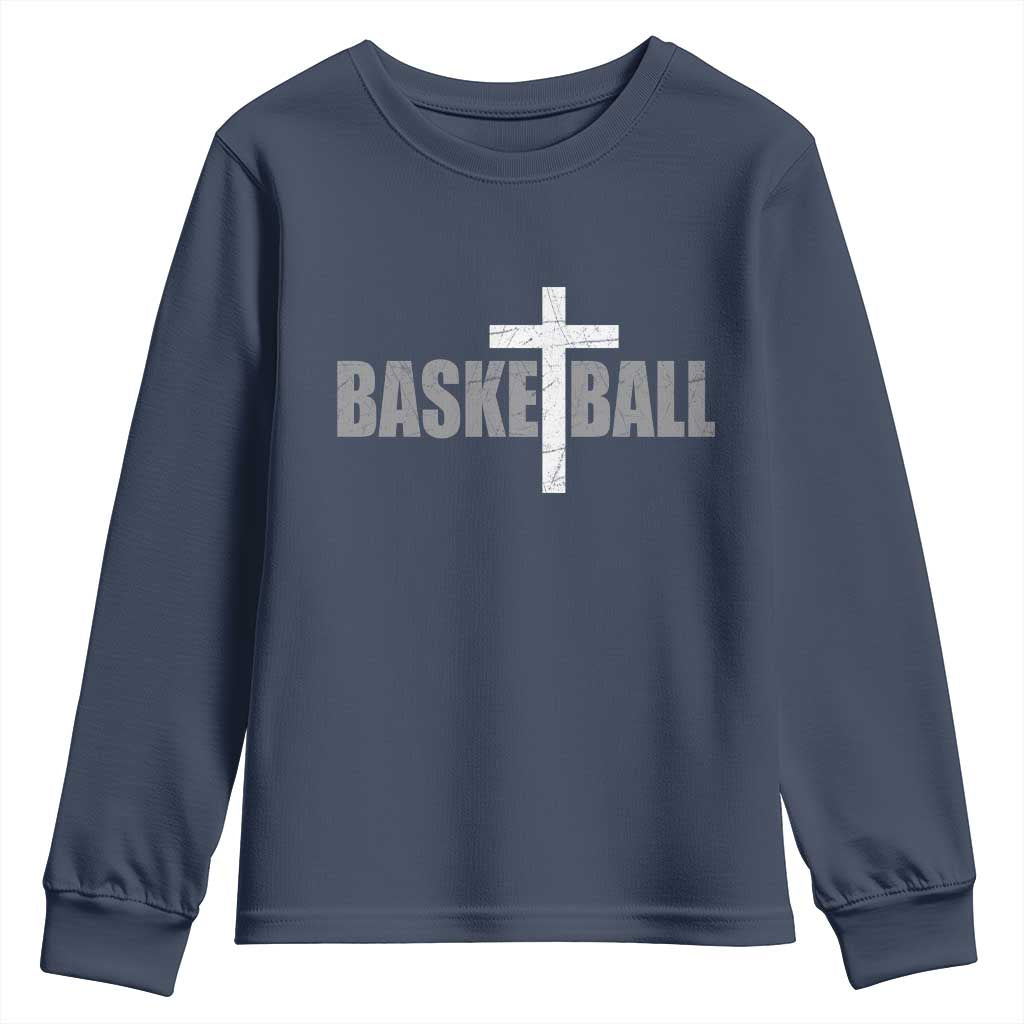 Christian Basketball Cross Youth Sweatshirt Vintage Minimal Religious Faith