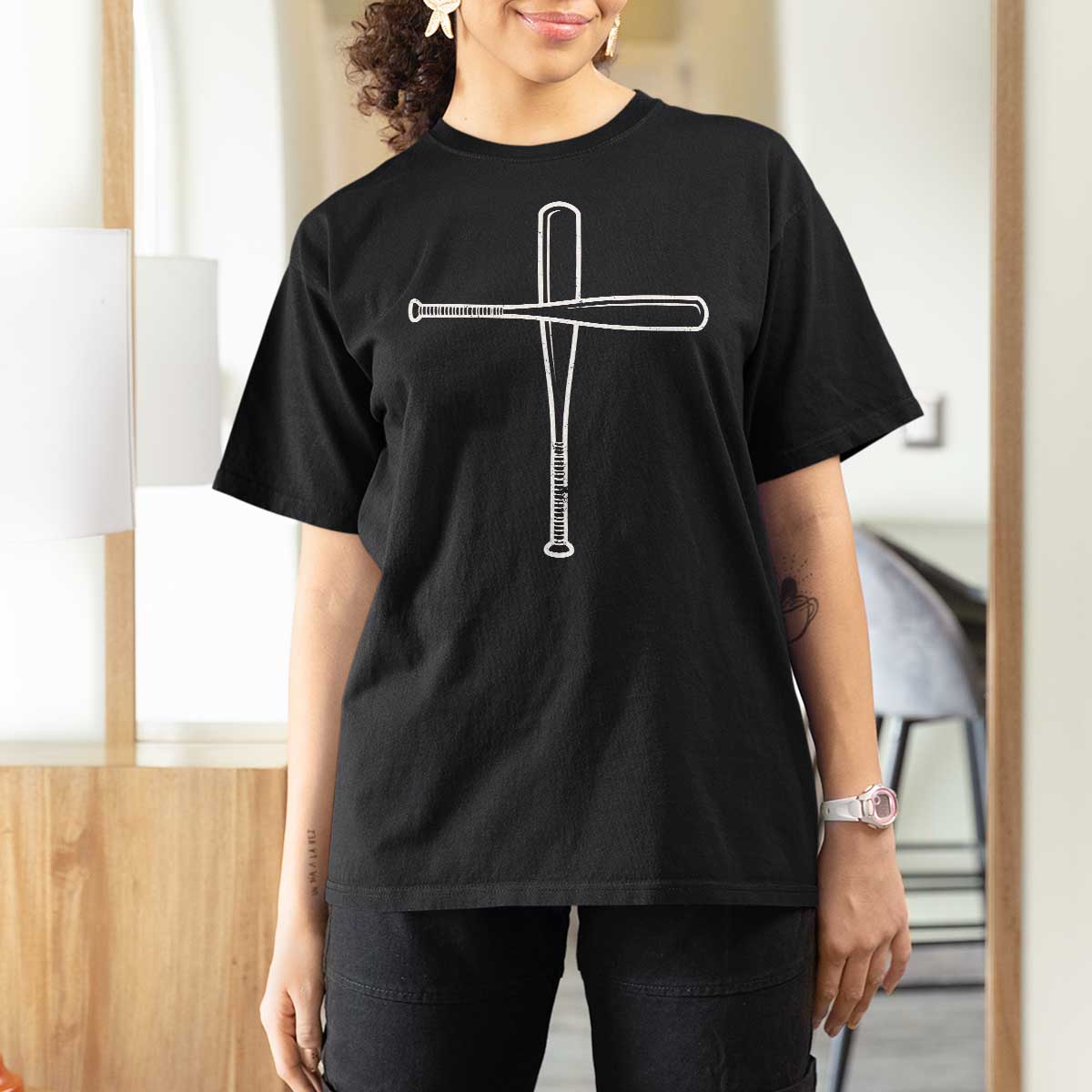 Cross Baseball Bats T Shirt For Women Religious Christian Faith Sports Coach Pitcher