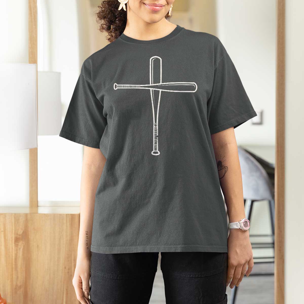 Cross Baseball Bats T Shirt For Women Religious Christian Faith Sports Coach Pitcher