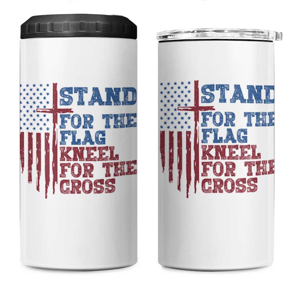 Stand For The Flag Kneel For The Cross 4 in 1 Can Cooler Tumbler Cross US Flag American Patriotic Christian Faith 4th of July