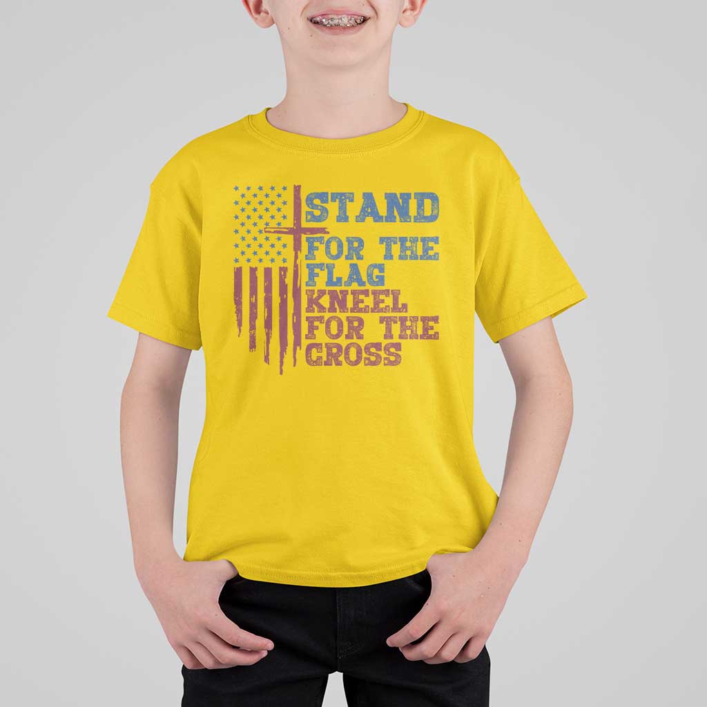 Stand For The Flag Kneel For The Cross T Shirt For Kid Cross US Flag American Patriotic Christian Faith 4th of July