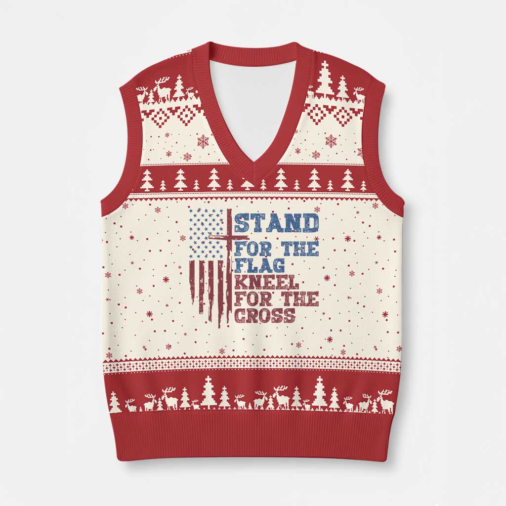 Stand For The Flag Kneel For The Cross V-Neck Knit Sweater Vest Cross US Flag American Patriotic Christian Faith 4th of July