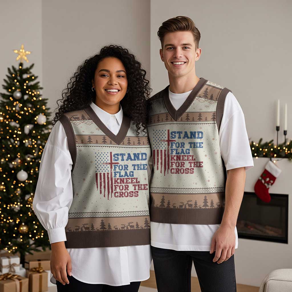 Stand For The Flag Kneel For The Cross V-Neck Knit Sweater Vest Cross US Flag American Patriotic Christian Faith 4th of July