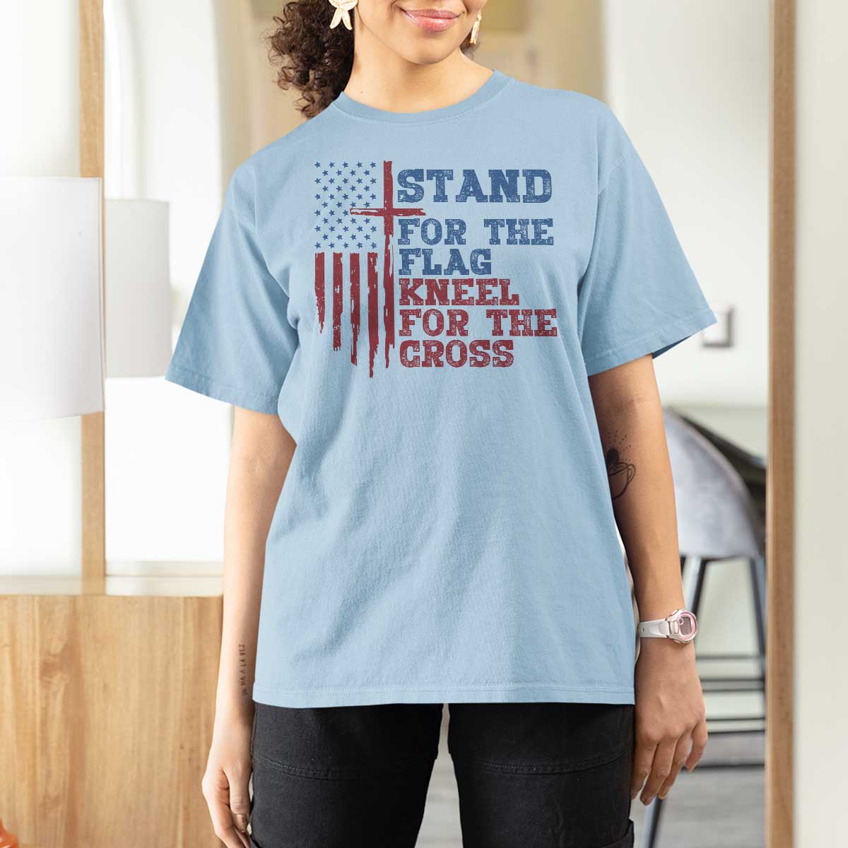 Stand For The Flag Kneel For The Cross T Shirt For Women Cross US Flag American Patriotic Christian Faith 4th of July