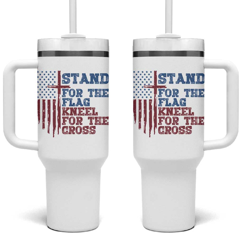 Stand For The Flag Kneel For The Cross Tumbler With Handle Cross US Flag American Patriotic Christian Faith 4th of July