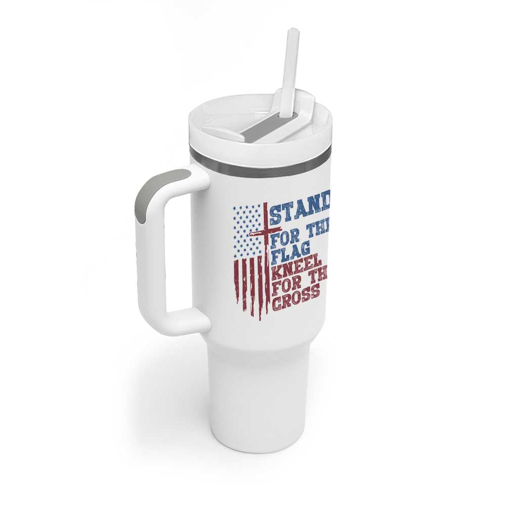 Stand For The Flag Kneel For The Cross Tumbler With Handle Cross US Flag American Patriotic Christian Faith 4th of July