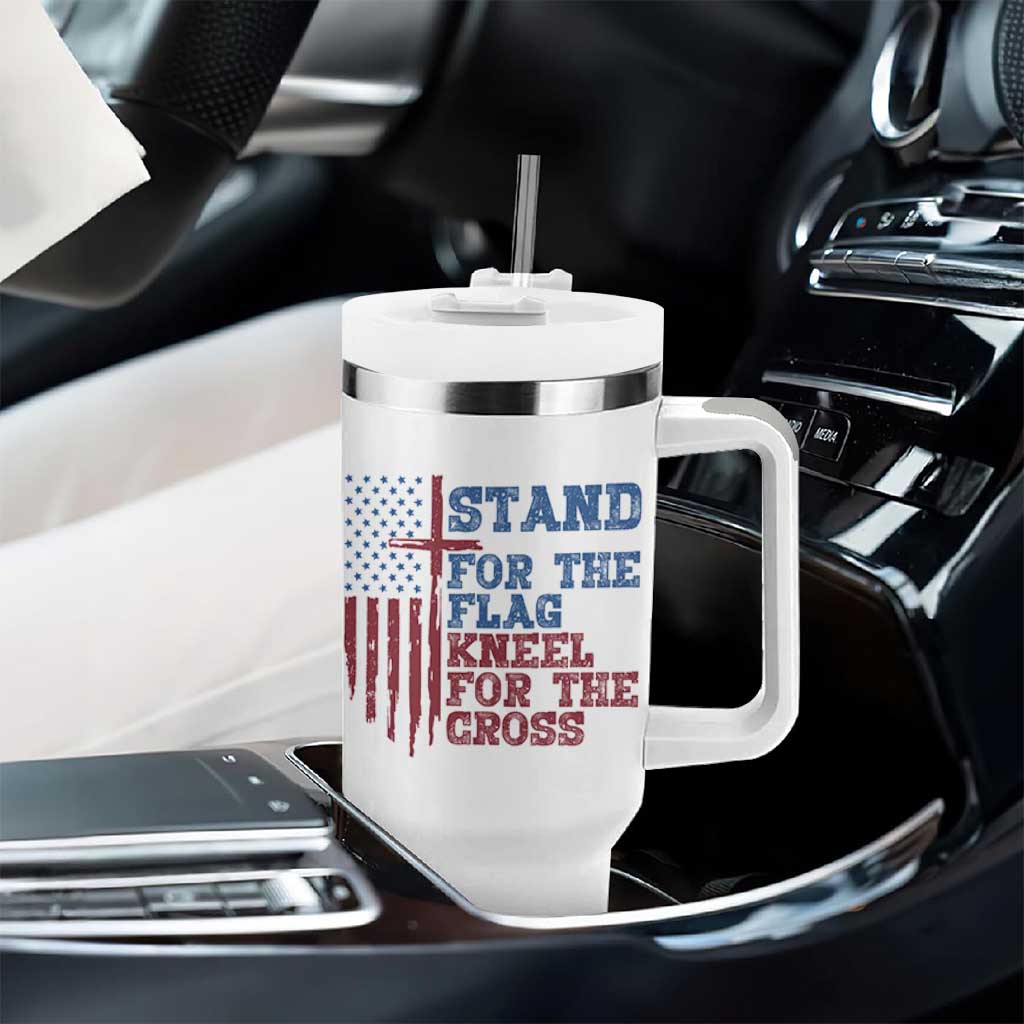 Stand For The Flag Kneel For The Cross Tumbler With Handle Cross US Flag American Patriotic Christian Faith 4th of July