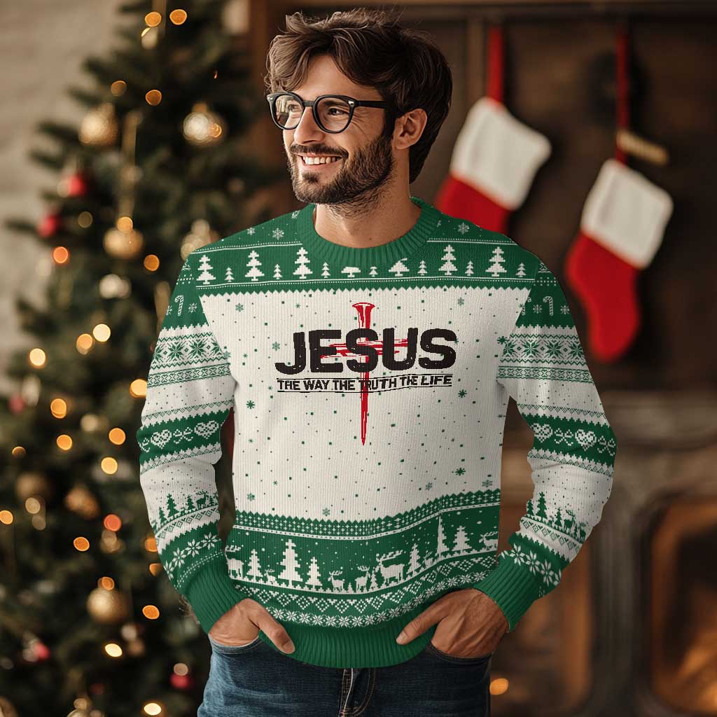 Jesus Christ Ugly Christmas Sweater The Way Truth Life Cross Nails Faith In God Christian