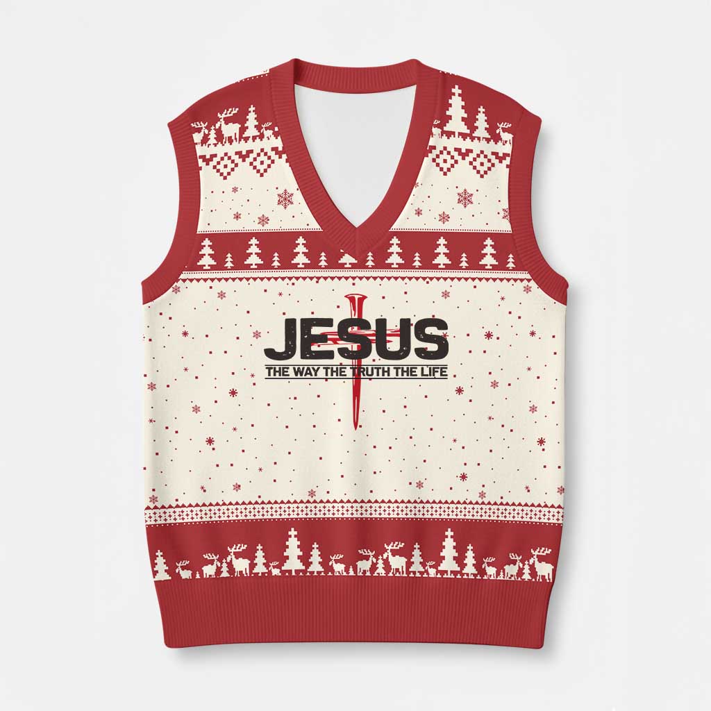 Jesus Christ V-Neck Knit Sweater Vest The Way Truth Life Cross Nails Faith In God Christian