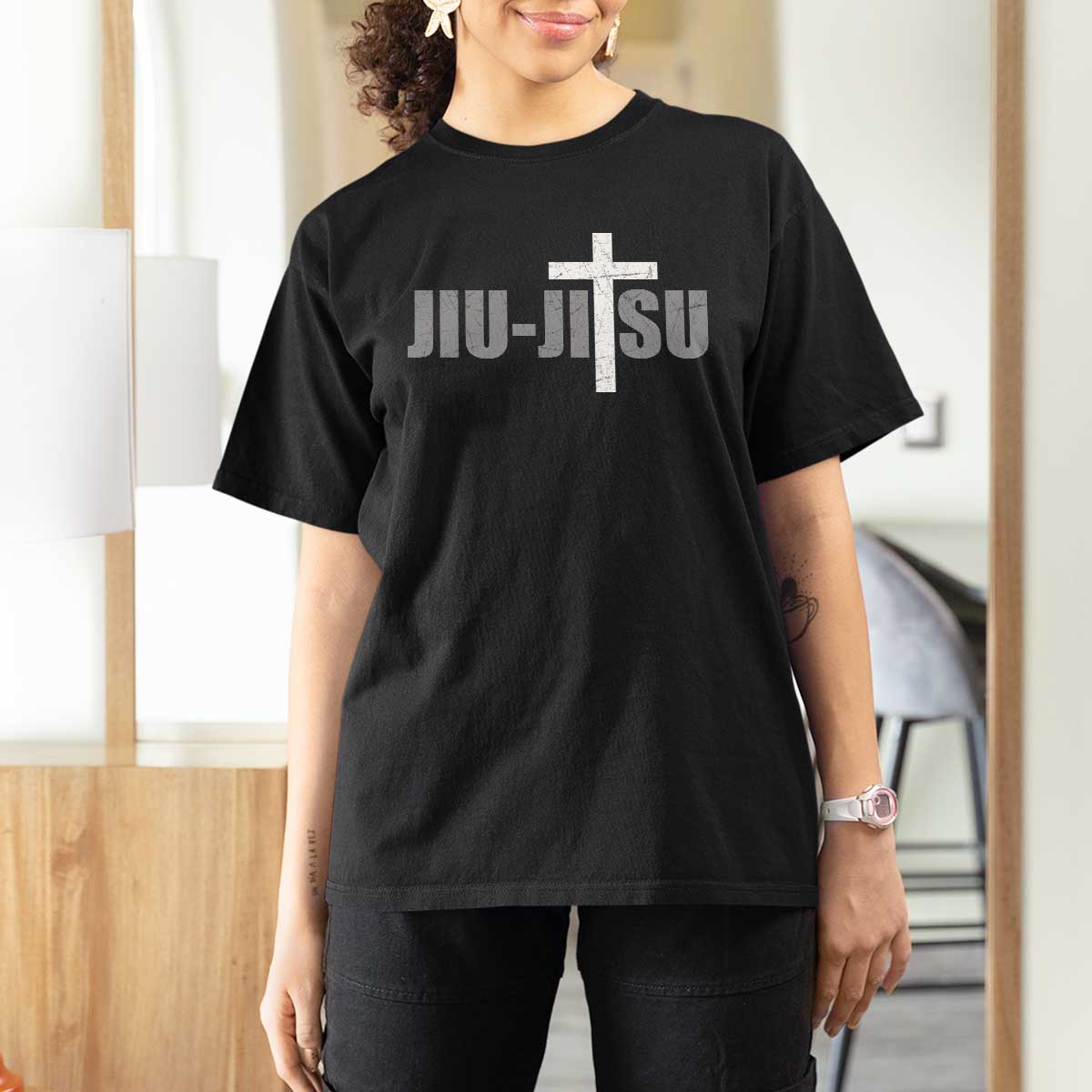 Jiu Jitsu Christian Cross T Shirt For Women Retro Vintage Minimal Religious Faith