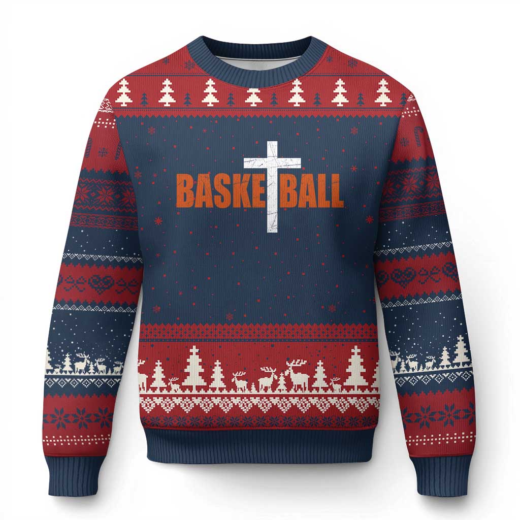 Christian Basketball Cross Ugly Christmas Sweater Retro Vintage Minimal Religious Faith