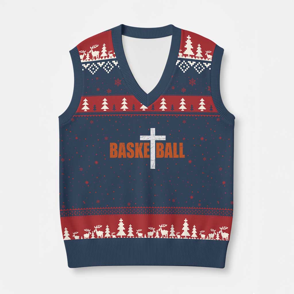 Christian Basketball Cross V-Neck Knit Sweater Vest Retro Vintage Minimal Religious Faith