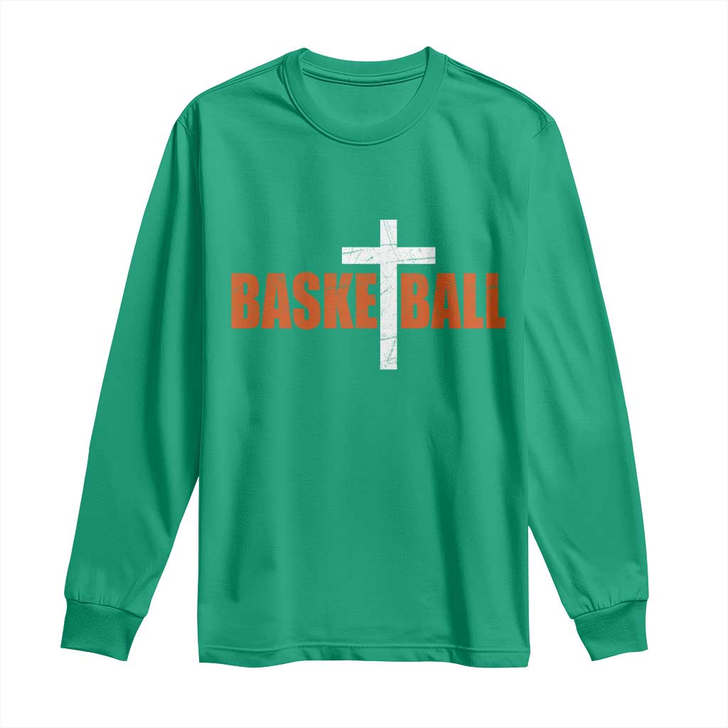 Christian Basketball Cross Long Sleeve Shirt Retro Vintage Minimal Religious Faith