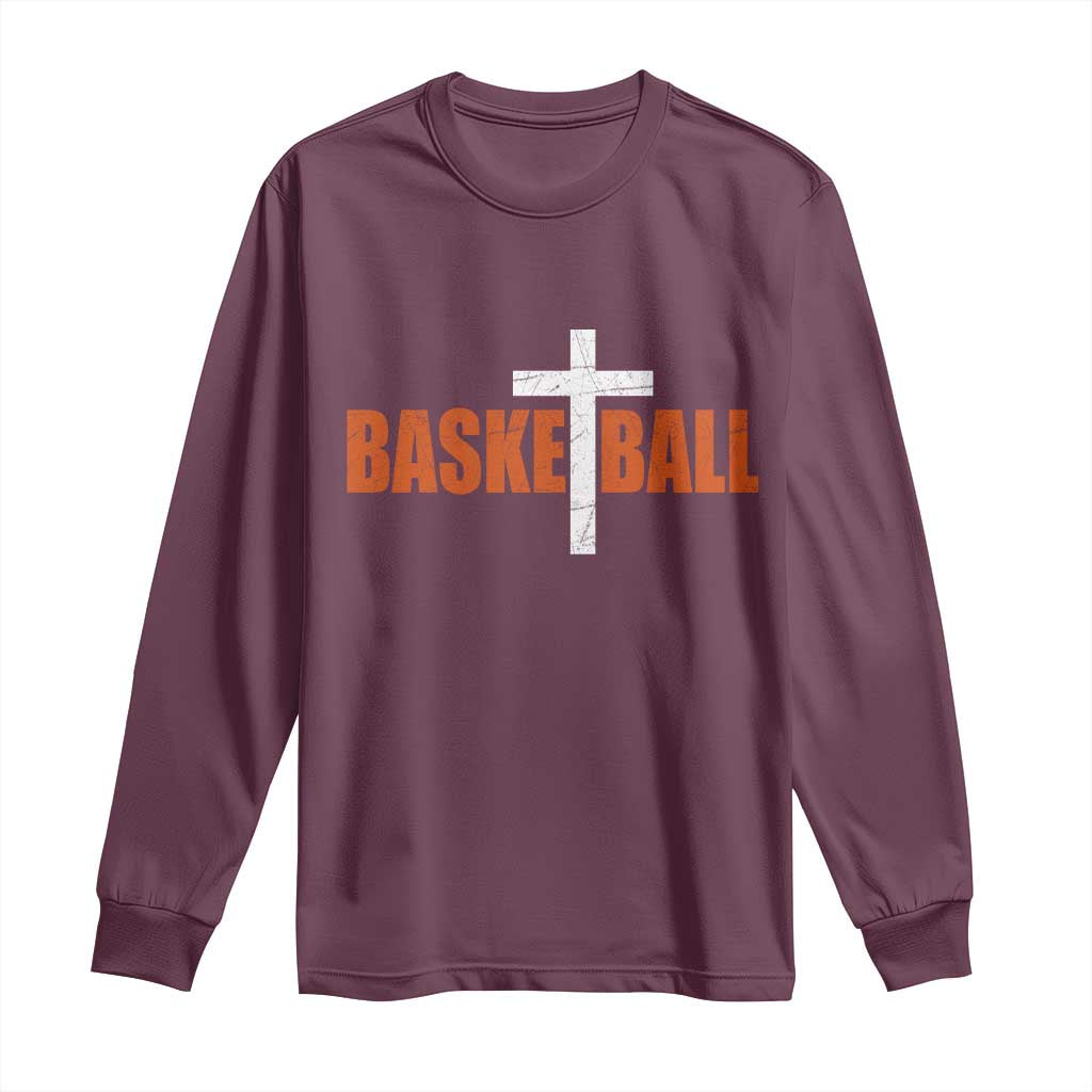 Christian Basketball Cross Long Sleeve Shirt Retro Vintage Minimal Religious Faith
