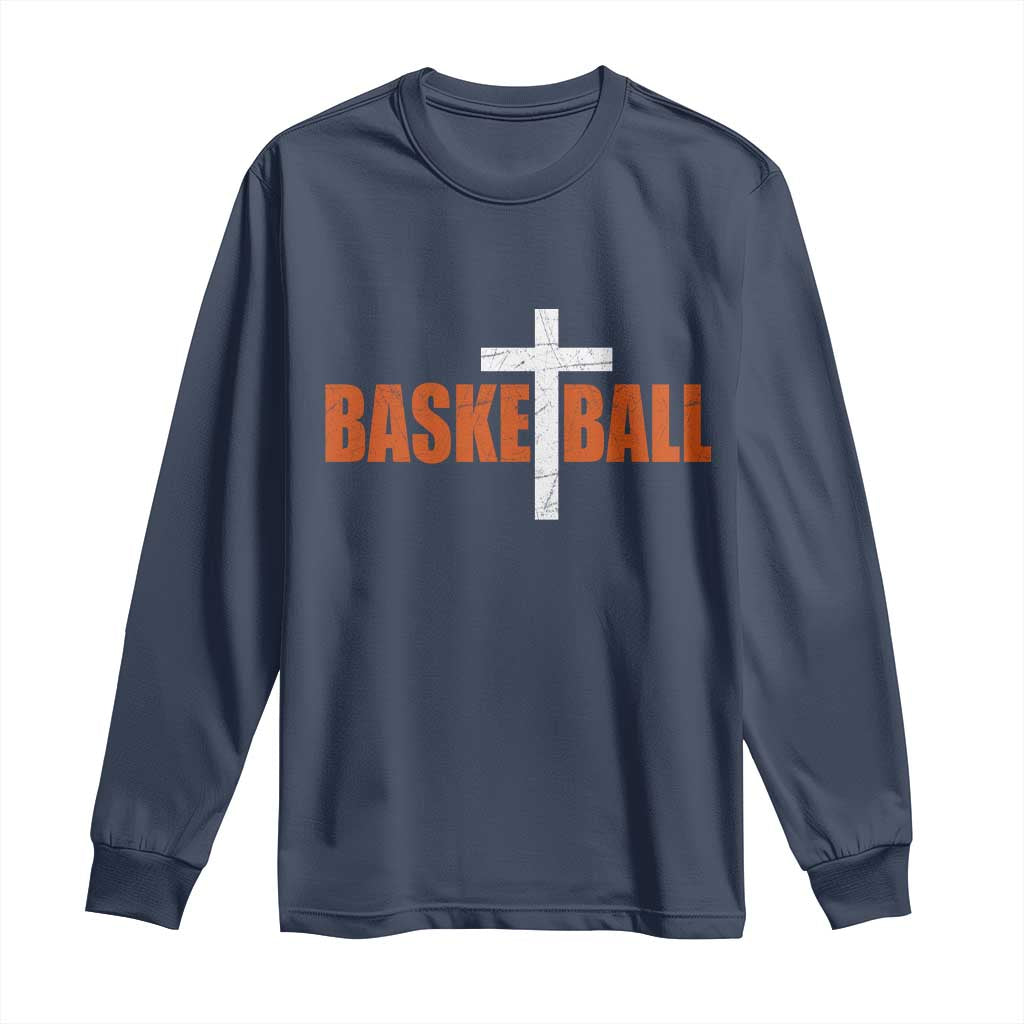 Christian Basketball Cross Long Sleeve Shirt Retro Vintage Minimal Religious Faith