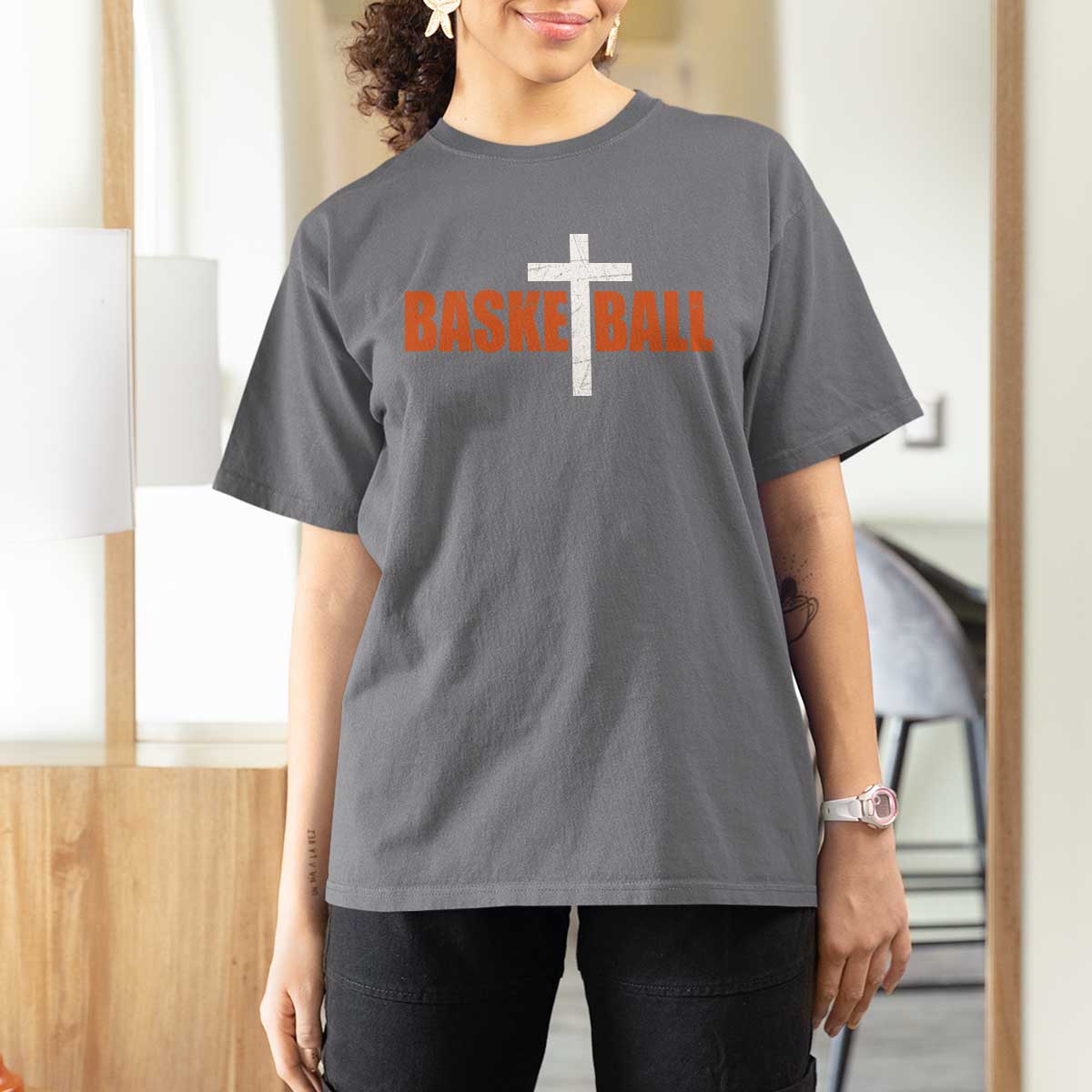 Christian Basketball Cross T Shirt For Women Retro Vintage Minimal Religious Faith