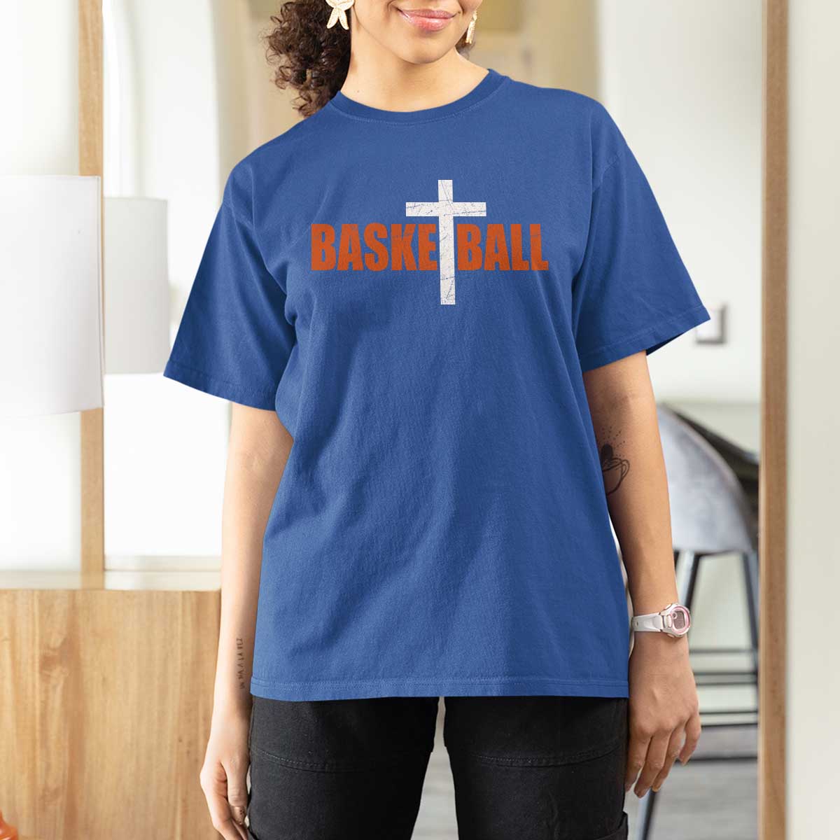 Christian Basketball Cross T Shirt For Women Retro Vintage Minimal Religious Faith