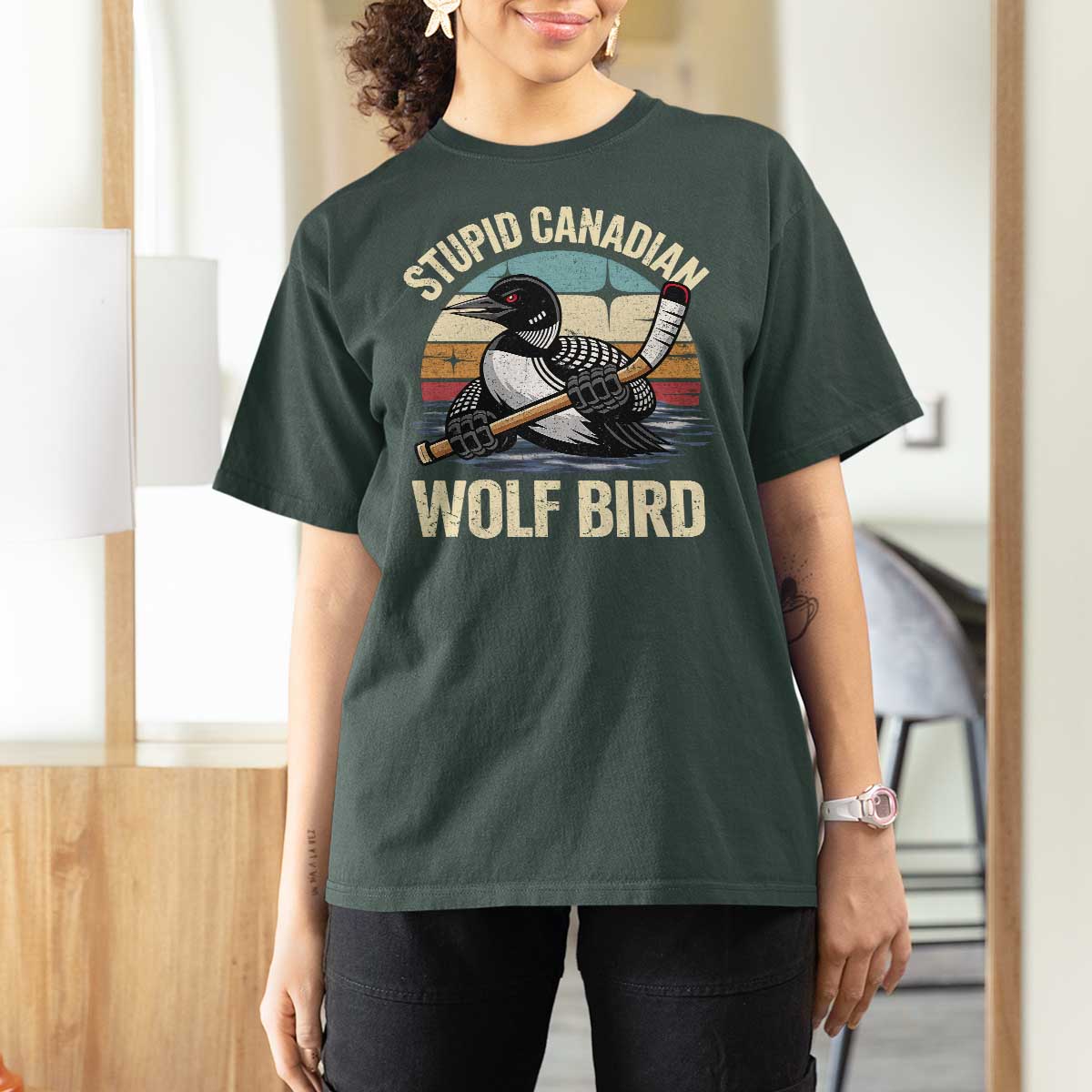 Stupid Canadian Wolf Bird T Shirt For Women Retro Romance Hockey LGBT Book Movie Fans Gift