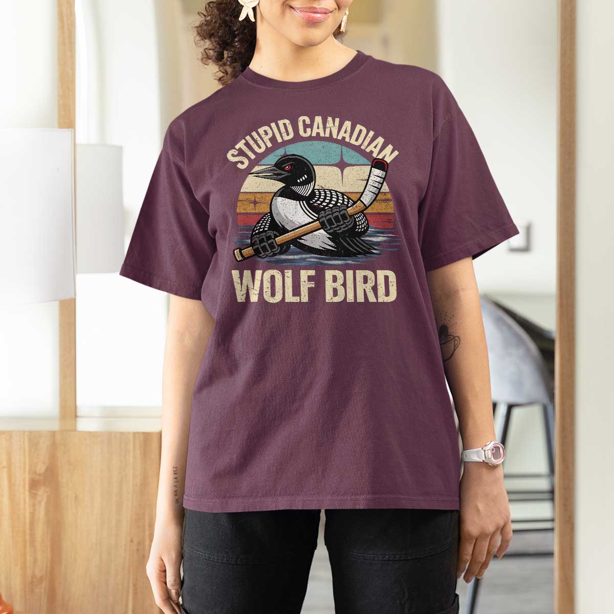 Stupid Canadian Wolf Bird T Shirt For Women Retro Romance Hockey LGBT Book Movie Fans Gift