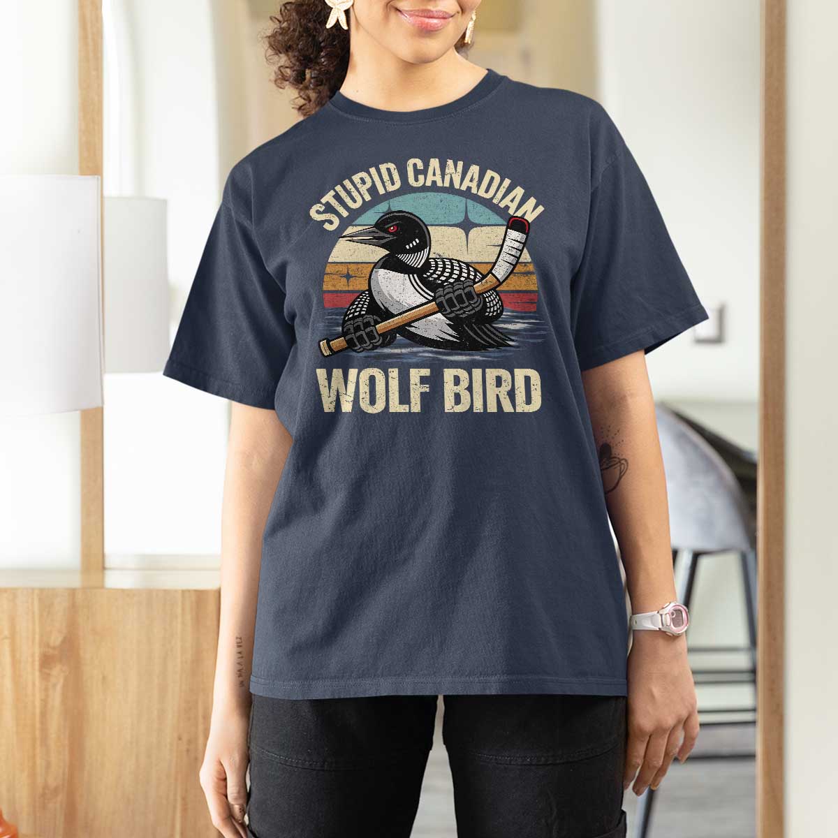 Stupid Canadian Wolf Bird T Shirt For Women Retro Romance Hockey LGBT Book Movie Fans Gift